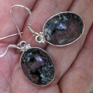 New Sterling Silver Eudialyte Black & Purple Gemstone Earrings, Drop, Dangle